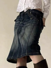 Voguable Vintage Blue Straight Denim Skirt American Retro Aesthetic Chic Stitch Cargo Mid Skirts Y2K Streetwear Grunge New